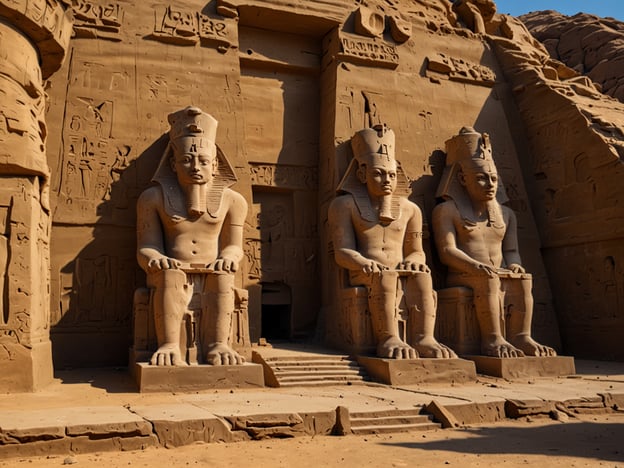 Auf dem Bild sind die beeindruckenden Kolosse von Abu Simbel zu sehen, die zu den faszinierenden Sehenswürdigkeiten Ägyptens gehören. Diese monumentalen Statuen wurden während der Regierungszeit von Ramses II. errichtet und befinden sich am Ufer des Nils. Die detailreichen Reliefs und die gigantischen Statuen reflektieren die Pracht und Macht des alten Ägypten. Abu Simbel ist ein UNESCO-Weltkulturerbe und zieht Besucher aus der ganzen Welt an.