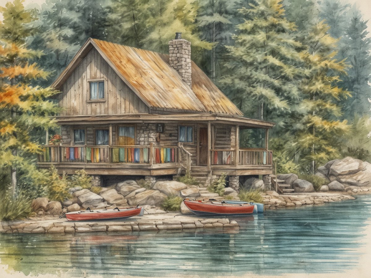 Ein malerisches Holzhaus steht am Ufer eines ruhigen Sees, umgeben von hohen, grünen Bäumen. Die Fassade des Hauses ist aus hellem Holz mit einem kurzen, schrägen Dach, das eine kleine Schornsteinöffnung hat. Vor dem Haus befindet sich eine Veranda mit bunten Stoffen, die im Wind wehen. Auf dem Wasser liegen zwei rote Kajaks, die zum Wassersport einladen. Der gestrichelte Uferbereich ist mit großen Steinen gesäumt, die die natürliche Schönheit der Ontario Seenplatte unterstreichen und eine einladende Atmosphäre für Erholung und Abenteuer schaffen.