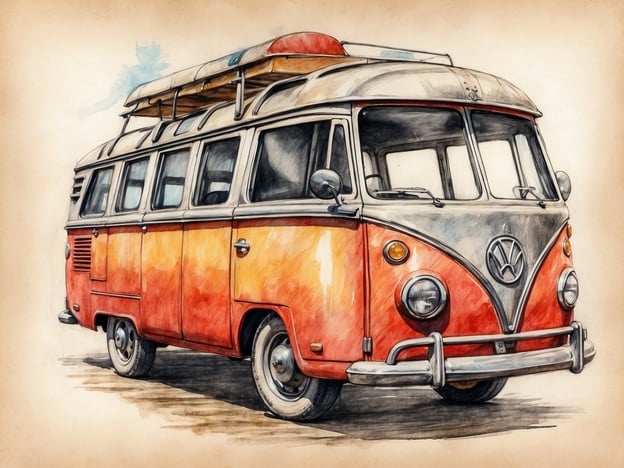 Das Bild zeigt einen Volkswagen Kombi, auch bekannt als VW Bulli. Der Wagen hat eine auffällige orange-weiße Farbgebung und ist mit einem Dachgepäckträger ausgestattet. Der VW Bulli ist ein klassisches Fahrzeug, das besonders bei Reisenden und Campern beliebt ist und oft mit Freiheit und Abenteuer assoziiert wird. Die stilisierte Darstellung gibt dem Bild einen nostalgischen Charakter.