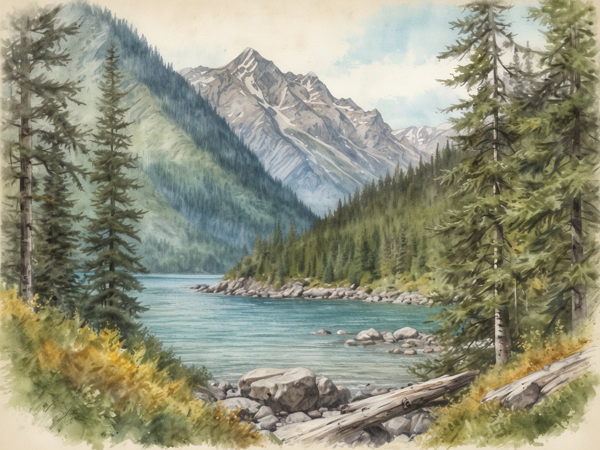Eine malerische Landschaft in British Columbia mit dichten Wäldern und majestätischen Bergen. Im Vordergrund fließt ein klarer, ruhiger See, der von runden Steinen umgeben ist. Hohe Tannen und Nadelbäume säumen die Uferlinie und bieten einen schönen Kontrast zu den schneebedeckten Gipfeln im Hintergrund, die unter einem hellblauen Himmel mit wenigen Wolken stehen. Die gesamte Szene strahlt Ruhe und natürliche Schönheit aus.
