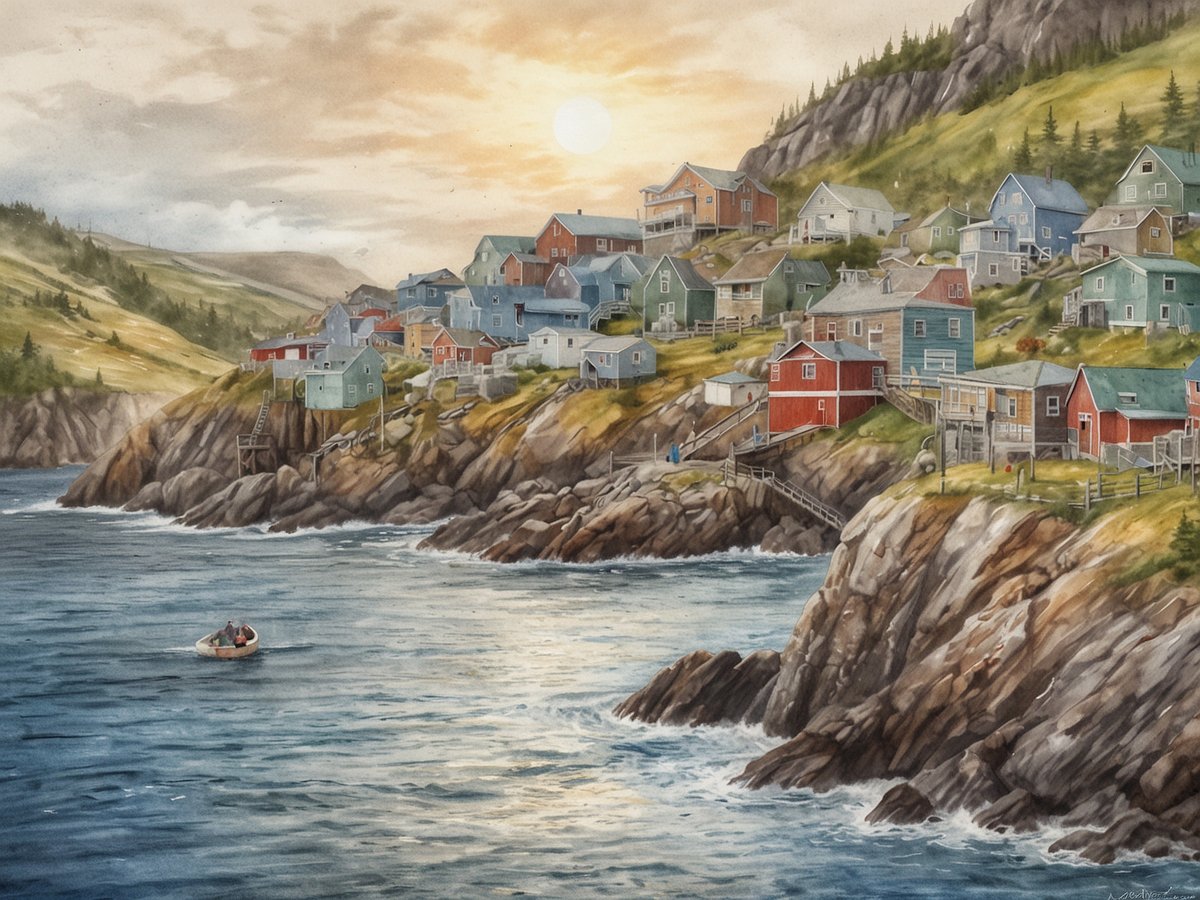 Eine malerische Küstenlandschaft in Newfoundland und Labrador zeigt bunte Fischerdörfer, die an einem steilen Hang liegen. Die Häuser sind in verschiedenen Farbtönen gestrichen und fügen sich harmonisch in die natürliche Umgebung ein. Im Vordergrund schwimmt ein kleines Boot auf dem glitzernden Wasser, während sanfte Wellen gegen die Klippen schlagen. Im Hintergrund erheben sich grüne Hügel unter einem weiten, hellen Himmel mit einer strahlenden Sonne. Die gesamte Szene strahlt eine ruhige und charmante Atmosphäre aus, die die wilde Küstenregion verkörpert.