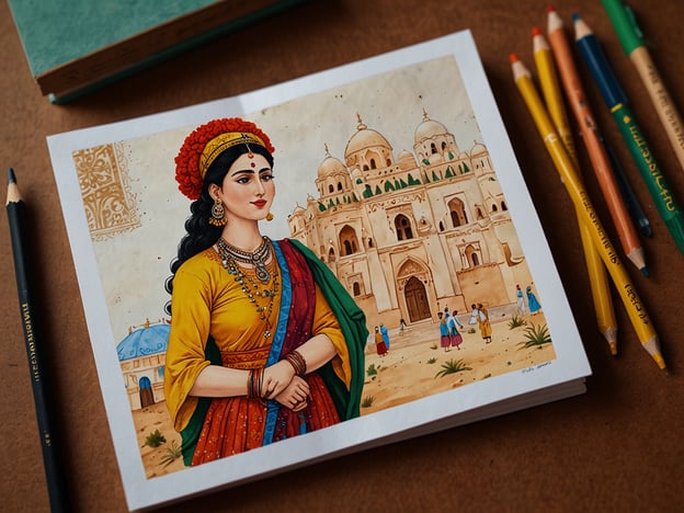 Auf dem Bild sieht man eine farbenfrohe Illustration einer Frau, die traditionelle indische Kleidung trägt. Sie ist mit Schmuck und Blumen im Haar geschmückt, was auf kulturelle Traditionen hinweist. Im Hintergrund ist ein prächtiges Gebäude, das möglicherweise an eine historische Stätte erinnert, umgeben von Menschen in traditioneller Kleidung. Diese Darstellung lädt dazu ein, die Kultur und Traditionen hautnah zu erleben, indem sie die Schönheit und die Vielfalt der indischen Geschichte und Bräuche widerspiegelt. Die Verwendung von lebendigen Farben und detaillierten Mustern verstärkt das Gefühl von Lebendigkeit und kulturellem Reichtum.