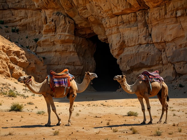 Auf dem Bild sind zwei Kamele in einer Wüstenlandschaft zu sehen, die vor einer Höhle stehen. Abseits des Strandes könnte man hier verschiedene Aktivitäten unternehmen, wie zum Beispiel:

1. **Kamelreiten:** Eine traditionelle Methode, die Wüste zu erkunden.
2. **Wüstenwanderung:** Erkundung der einzigartigen Flora und Fauna des Wüstengebiets.
3. **Besuch von Höhlen:** Entdeckung der Höhle im Hintergrund und ihrer möglichen historischen oder geografischen Bedeutung.
4. **Fotografie:** Die beeindruckenden Landschaften und Lichtverhältnisse in der Wüste festhalten.
5. **Lagerfeuer in der Wüste:** Ein gemütliches Beisammensein unter dem Sternenhimmel, während man traditionelle Gerichte zubereitet. 

Diese Aktivitäten bieten eine tolle Möglichkeit, die Schönheit der Wüste zu genießen und etwas über die Kultur der Region zu lernen.