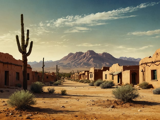 Die Schönheit Algeriens zeigt sich in seiner faszinierenden Landschaft, die Wüsten, Berge und farbenfrohe Kulturen vereint. Auf dem Bild ist eine malerische Wüstenlandschaft zu sehen. Trockenes Gelände mit geringen, buschigen Pflanzen und hohen Kakteen zieht sich entlang einer kleinen Straße, gesäumt von traditionellen, lehmfarbenen Häusern. Im Hintergrund erhebt sich eine beeindruckende Bergkette, deren konturierte Silhouetten den Himmel berühren. Diese Szenerie vermittelt ein Gefühl von Ruhe und Entschlossenheit, typisch für die unberührte Natur Algeriens.