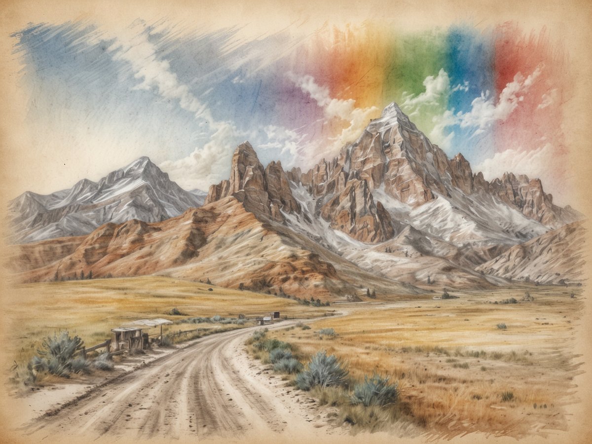 Eine malerische Landschaftszene zeigt majestätische Berge mit schneebedeckten Gipfeln, die sich gegen den blauen Himmel abheben. Im Vordergrund zieht sich ein gewundener, staubiger Weg durch goldene Graslandschaften, gesäumt von Sträuchern. Auf der linken Seite ist eine kleine, rustikale Hütte zu sehen, während einige Wolken am Himmel eine leichte dynamische Note hinzufügen. Darüber hebt sich ein sanfter Regenbogen über der Bergkette, der die Farben der Szene lebendig erscheinen lässt. Die gesamte Komposition strahlt eine harmonische Verbindung zwischen den Rocky Mountains und der umliegenden Natur aus.