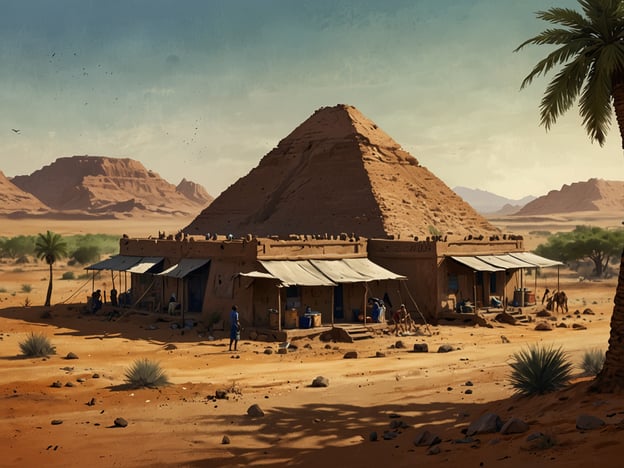 Das Bild zeigt eine Wüstenlandschaft im Sudan, in der Mitte steht eine Pyramide, umgeben von Hütten, die möglicherweise ein kleiner Markt oder Siedlung darstellen. Menschen sind beschäftigt, während Palmen und felsige Berge die Szene umrahmen. Es vermittelt das Gefühl von Abenteuer und Entdeckung in einer historischen Umgebung, die stark mit der Kultur und Geschichte des Sudans verbunden ist.