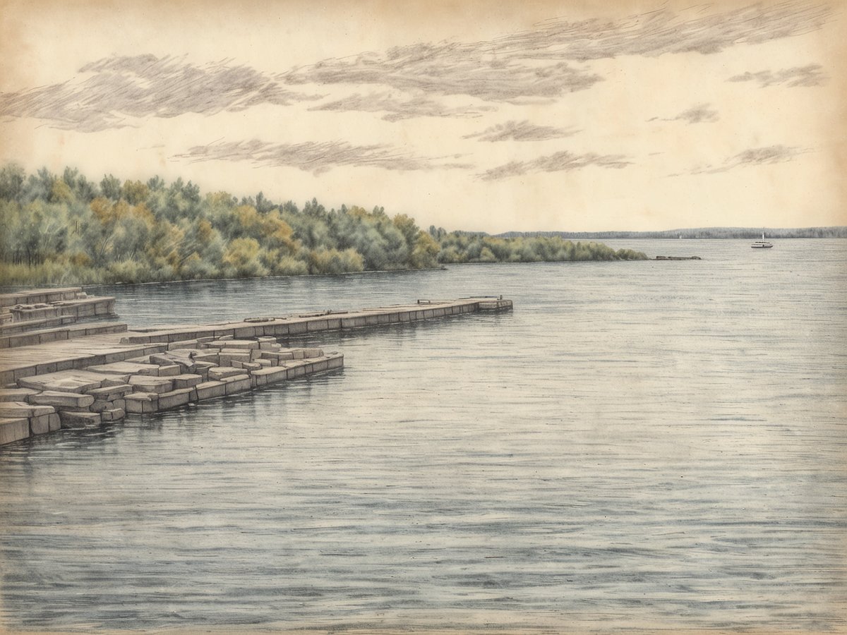 Eine ruhige Landschaft zeigt den Sankt-Lorenz-Strom mit einem klaren Wasser, das sanft glitzert. Auf der linken Seite ist ein Steg aus Steinen sichtbar, der ins Wasser führt und von sanften Wellen umspült wird. Im Hintergrund erstreckt sich eine bewaldete Uferlandschaft mit Bäumen, deren Blätter verschiedene Grüntöne zeigen. Am Horizont sind zarte Wolken am Himmel zu sehen, die einen sanften Farbverlauf erzeugen. Auf dem Wasser fährt ein kleines Boot, das den ruhigen Fluss transportiert und die maritime Atmosphäre des Sankt-Lorenz-Stroms unterstreicht.