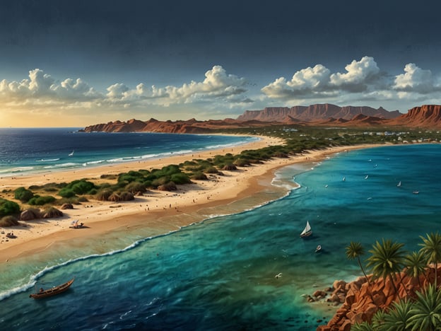 Auf dem Bild ist eine beeindruckende Landschaft zu sehen, die aus einem langen Sandstrand besteht, der sich entlang einer Küste erstreckt. Das klare, türkisfarbene Wasser der Weiten des Ozeans kontrastiert herrlich mit dem hellen Sand. An der Küste sind zudem grüne Pflanzen und Palmen zu sehen, die für eine tropische Atmosphäre sorgen. Im Hintergrund erheben sich majestätische Felsen und Hügel, die in verschiedenen Erdtönen leuchten, während die Wolken am Himmel sanft vorbeiziehen. Dieses Naturwunder vermittelt ein Gefühl von Ruhe und natürlicher Schönheit.