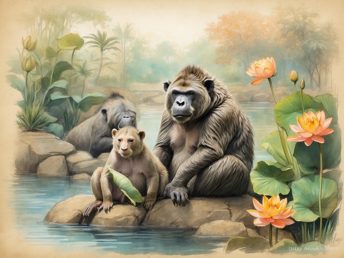 In einer idyllischen Umgebung im Tierpark Nymphaea sitzen mehrere Affen am Ufer eines ruhigen Gewässers. Im Vordergrund ist ein kleiner Affe zu sehen, der ein großes Blatt in den Händen hält, während er auf einem Felsen sitzt. Neben ihm befindet sich ein größerer, entspannter Affe, der seine Augen auf die Landschaft richtet. Im Hintergrund sitzt ein weiterer Affe, der teilweise von der Vegetation verdeckt ist. Die Szene wird von prächtigen Wasserlilien und üppigem Grün umrahmt, was eine friedliche und harmonische Atmosphäre schafft.