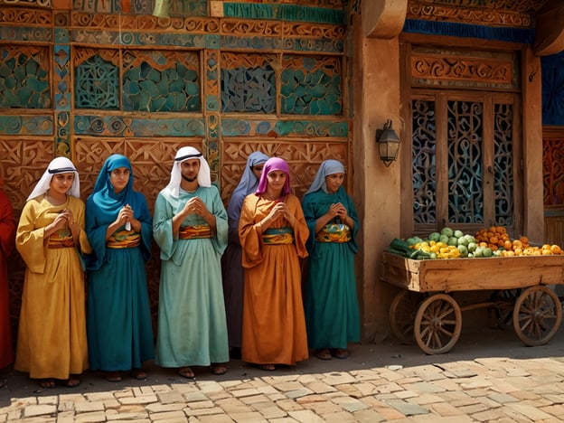 Auf dem Bild sind mehrere Personen in traditionellen, farbenfrohen Gewändern zu sehen, die in einer Reihe stehen. Die Kleidung und die Anordnung der Figuren könnten auf kulturelle und religiöse Traditionen hinweisen, die in Dschibuti verbreitet sind. Dschibuti hat eine reiche kulturelle Vielfalt, die sich aus den Einflüssen von Somalis, Afar und weiteren ethnischen Gruppen zusammensetzt. 

Im Hintergrund ist eine kunstvoll verzierte Wand zu sehen, die die handwerklichen Fähigkeiten der Region widerspiegelt, während ein Wagen mit frischen Früchten eine Verbindung zur lokalen Landwirtschaft und dem Handel herstellt. Diese Szene könnte die Gemeinschaft und die Traditionen der Menschen in Dschibuti symbolisieren, die stark durch ihre kulturellen Wurzeln geprägt sind.