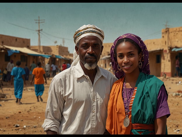 Auf dem Bild sind zwei Personen zu sehen, die wahrscheinlich traditionelle Kleidung tragen, was auf ihre kulturellen Hintergründe hinweist. In Dschibuti ist die Gesellschaft stark von einer Mischung aus afrikanischen, arabischen und französischen Einflüssen geprägt. 

Dschibuti hat eine reiche kulturelle Diversität, wobei die beiden Hauptgruppen die Afar und die Issa sind. Die Menschen treten oft in farbenfrohen Kleidungsstücken auf, die ihre ethnischen Zugehörigkeiten und kulturellen Traditionen widerspiegeln. 

In Dschibuti spielt die Familie eine zentrale Rolle im sozialen Leben, und traditionelle Werte sind weiterhin sehr wichtig. Zudem ist die Region historisch bedeutend aufgrund ihrer strategischen Lage am Roten Meer und dem Golf von Aden, was auch kulturelle Einflüsse von außerhalb mit sich gebracht hat. 

Das Bild vermittelt somit nicht nur die Schönheit der dschibutischen Kultur, sondern auch die Bedeutung von Gemeinschaft und Identität in diesem Land.