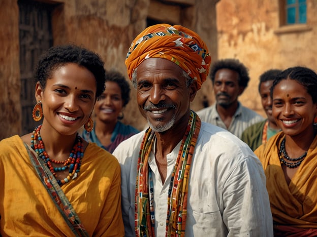 Auf dem Bild sieht man eine Gruppe von Menschen, die traditionell gekleidet sind und sich freundlich in die Kamera lächeln. Die Kleidung, die in lebendigen Farben und Mustern gehalten ist, spiegelt kulturelle Traditionen wider, möglicherweise aus einer afrikanischen oder indigenen Gemeinschaft. Die Schmuckstücke, wie die großen Ohrringe und Halsketten, sind oft Ausdruck von Identität und Stolz auf die eigene Kultur. Solche Zusammenkünfte sind häufig in vielen Kulturen wichtig, um Gemeinschaft und Zusammenhalt zu feiern. Der Gesichtsausdruck der Personen und die Art der Kleidung zeigen eine positive Verbindung zur Tradition und zur Gemeinschaft.