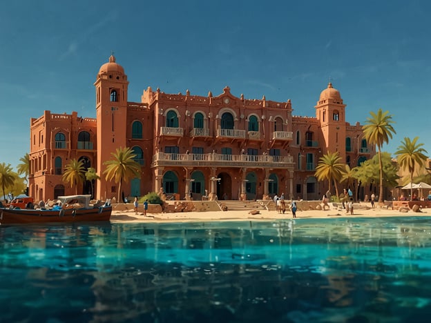 Auf dem Bild ist ein malerisches Gebäude zu sehen, das an ein historisches Hotel oder eine Ferienanlage erinnert. Es ist umgeben von Palmen und befindet sich direkt am Strand. Die glitzernden blauen Wasser und der Sandstrand laden dazu ein, sich zu entspannen und verschiedene Aktivitäten wie Schwimmen, Sonnenbaden oder Bootsfahrten zu genießen. Menschen sind am Strand sowie in der Nähe des Gebäudes zu sehen, was auf ein lebhaftes Urlaubsambiente hinweist.