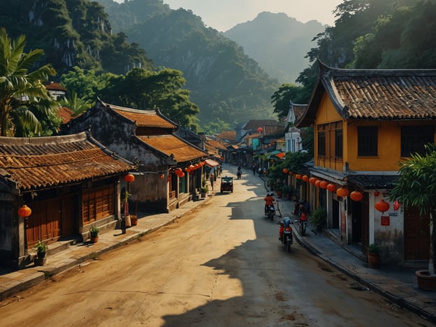 Auf dem Bild ist eine malerische Straße mit traditionellen Häusern und einer ruhigen Atmosphäre zu sehen. Dies erinnert an die charmante Altstadt von Hoi An, einem der besten Reiseziele in Vietnam. Hoi An ist bekannt für seine gut erhaltene Architektur, die bunte Laternen und die entspannte Stimmung, die Besucher anzieht. Die umliegenden Berge und die üppige Vegetation könnten auch auf die naturschöne Umgebung hinweisen, die Vietnam zu bieten hat.