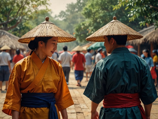 Auf dem Bild sind zwei Personen zu sehen, die traditionelle asiatische Kleidung tragen, die oft mit landwirtschaftlichen oder ländlichen Traditionen verbunden wird. Die auffälligen Strohhüte dienen nicht nur dem Sonnenschutz, sondern sind auch ein Ausdruck lokaler Handwerkstraditionen. 

Die Person in gelber Kleidung und die in grüner Kleidung könnten verschiedene regionale oder saisonale Traditionen repräsentieren, die oft durch Farben und Stoffe symbolisiert werden. Solche Kleidungen sind häufig Teil von folkloristischen Festen oder kulturellen Veranstaltungen, bei denen die Gemeinschaft zusammenkommt, um ihre Traditionen, Bräuche und das Handwerk zu feiern.

Der Hintergrund voller Menschen deutet auf eine lebhafte, gemeinschaftliche Aktivität hin, die oft bei Festen oder Märkten zu beobachten ist. Insgesamt vermittelt das Bild ein Gefühl von kultureller Identität und dem Erhalt von Traditionen in einem modernen Kontext.