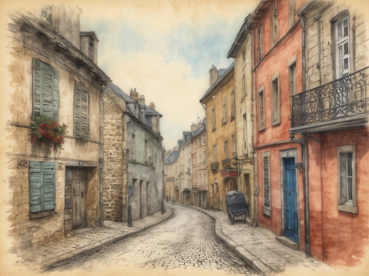Eine malerische Straßenszene mit schmalen, gepflasterten Wegen und historischen Gebäuden. Die Häuser sind in sanften Farben gehalten, darunter Gelb, Rot und Grau, und haben Fenster mit grünen shutters. Einige der Gebäude sind mit Blumenkästen dekoriert, die farbenfrohe Pflanzen zeigen. In der Mitte der Straße steht ein Handwagen und am Straßenrand sind einige Laternenaufsteller zu sehen. Der Himmel ist hell und die Atmosphäre wirkt friedlich und einladend.
