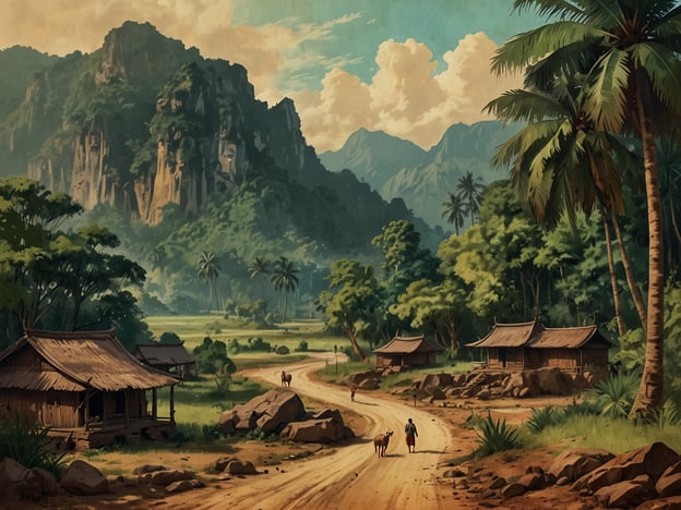 Das Bild zeigt eine malerische Landschaft, die typisch für Laos ist, einem versteckten Juwel in Südostasien. Im Vordergrund sind einfache, strohgedeckte Hütten entlang einer schlängelnden Schotterstraße zu sehen, die von tropischer Vegetation und Palmen umgeben ist. In der Ferne erhebt sich eine majestätische Bergkette, die mit üppigem Grün bedeckt ist. Einige Figuren, möglicherweise Dorfbewohner, sind zu sehen, die die Straße entlanggehen, während ein geselliger Hund sie begleitet. Diese harmonische Szenerie vermittelt ein Gefühl von Ruhe und der natürlichen Schönheit der laotischen Landschaft.