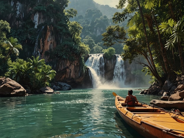 Auf dem Bild ist eine atemberaubende Naturkulisse in Laos zu sehen. Ein Kayakfahrer erkundet das ruhige, smaragdgrüne Wasser, umgeben von üppigen tropischen Pflanzen und beeindruckenden Felsen. Im Hintergrund stürzt ein Wasserfall in den See und sorgt für eine malerische und ruhige Atmosphäre. Diese Szene lädt dazu ein, die unberührte Schönheit der Natur zu erleben und Abenteuer wie Kajakfahren oder Wandern in der Umgebung zu unternehmen. Ideal für Naturliebhaber und Abenteuerlustige!