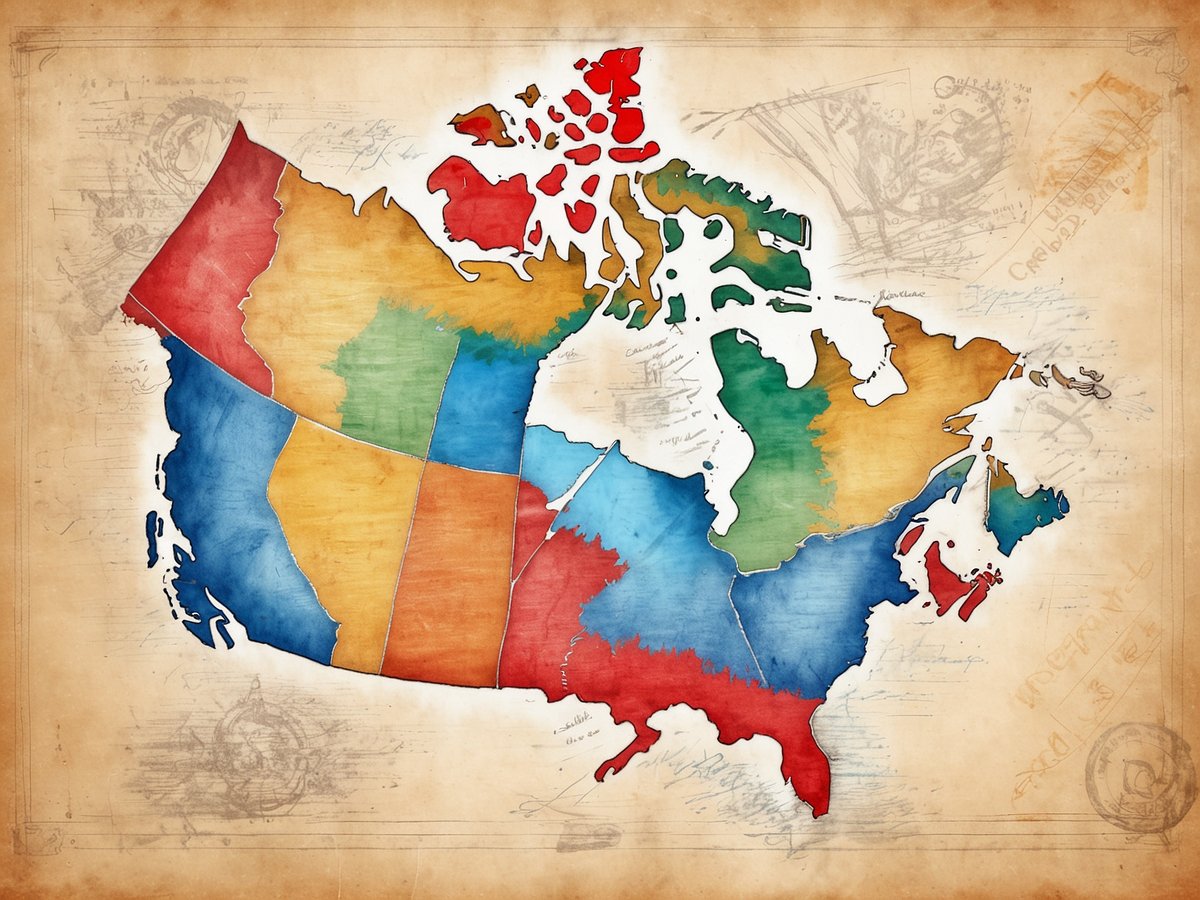 Die Karte zeigt Kanada und ist in verschiedene farbige Regionen unterteilt. Jede Region hat eine unterschiedliche Farbe, die von Blau über Rot bis zu Gelb und Grün reicht. Der Kartenhintergrund ist alt und wirkt wie Pergament, was der Darstellung einen historischen Charakter verleiht. Um die Karte herum sind schwache Skizzen und Notizen zu sehen, die den Eindruck von historischen Entdeckungen oder Seefahrtskarten verstärken. Kanada hat insgesamt sechs Zeitzonen.