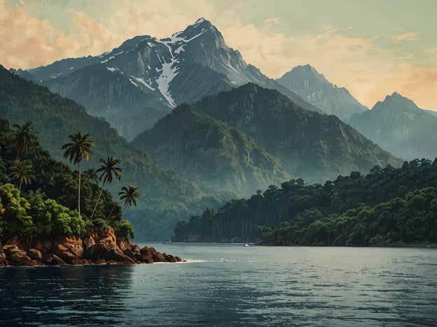 Auf dem Bild sind majestätische Berge zu sehen, die mit dichtem, grünen Wald bedeckt sind. Die Landschaft strahlt eine ruhige Schönheit aus, mit einem glitzernden Wasser im Vordergrund, das die Bergspitzen widerspiegelt. Solche Szenerien sind typisch für die Naturwunder Malaysias, wo man von den hoch aufragenden Gebirgen, wie dem Kinabalu, bis zu den idyllischen Stränden auf Langkawi eine beeindruckende Vielfalt an Landschaften genießen kann. Diese Kombination aus Bergen und Küsten ist das Herzstück der malaysischen Natur und bietet viele Möglichkeiten für Abenteuer und Erholung.