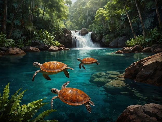 Auf dem Bild sind Schildkröten in einem klaren, türkisfarbenen Wasser zu sehen, das von üppiger tropischer Vegetation umgeben ist. Diese Szene könnte perfekt für abenteuerlustige Aktivitäten in Malaysia sein:

1. **Schnorcheln**: Entdecke die farbenfrohe Unterwasserwelt und schwimme mit Schildkröten.
2. **Wanderungen im Dschungel**: Erkunde die tropischen Wälder und entdecke versteckte Wasserfälle.
3. **Kayakfahren**: Paddel durch die ruhigen Gewässer und genieße die Natur rundherum.
4. **Wildlife-Touren**: Beobachte verschiedene Tierarten in ihren natürlichen Lebensräumen.
5. **Naturfotografie**: Halte die Schönheit der Landschaft und der Tiere in beeindruckenden Bildern fest. 

Malaysia bietet viele Möglichkeiten für Abenteuer und Naturerlebnisse!