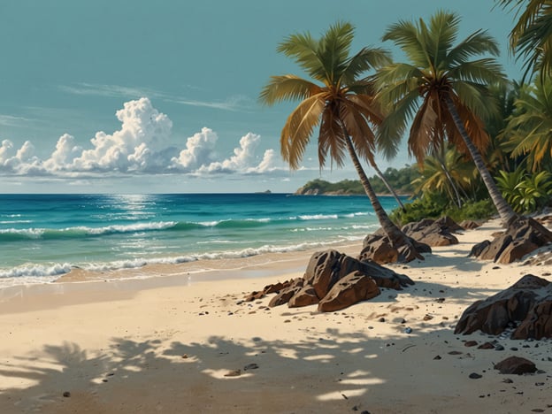 Auf dem Bild ist ein malerischer Strand zu sehen, der von Palmen und Felsen umrahmt ist. Die Szenerie erinnert an einige der schönsten Strände der Philippinen, wie zum Beispiel:

- **White Beach auf Boracay**: Bekannt für seinen feinen, weißen Sand und türkisfarbenes Wasser.
- **El Nido in Palawan**: Berühmt für seine beeindruckenden Kalksteinformationen und klaren Lagunen.
- **Nacpan Beach**: Ein ruhiger und weniger belebter Strand mit atemberaubender Landschaft.

Die friedliche Atmosphäre und die schöne Natur des Bildes spiegeln die tropische Schönheit wider, die viele Strände der Philippinen bieten.