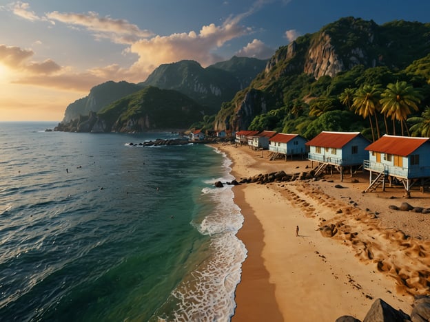 Auf dem Bild sieht man ein malerisches Strandparadies, das von sanften Wellen und einer beeindruckenden Küstenschönheit umgeben ist. Die sanften Hügel im Hintergrund sind von üppigem Grün bedeckt, während die farbenfrohen, auf Stelzen stehenden Hütten eine einladende Atmosphäre schaffen. Der goldene Sandstrand und die ruhige See laden zum Entspannen und Genießen der Natur ein. Das gesamte Szenario vermittelt ein Gefühl von Ruhe und Idylle, perfekt für einen Rückzugsort am Meer.