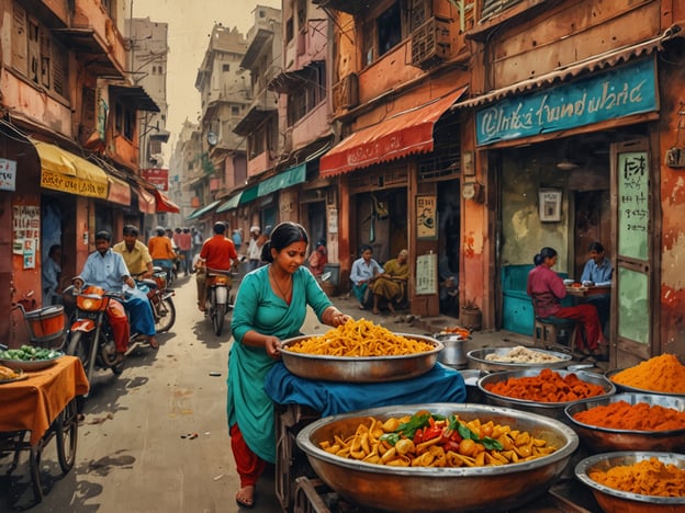 Auf dem Bild ist eine lebhafte Marktstraße in Indien zu sehen, die von bunten Geschäften und Leuten belebt wird. Eine Frau in einem traditionellen indischen Outfit beschäftigt sich mit dem Verkauf von verschiedenen Snacks und Gewürzen aus großen Schalen. Auf dem Tisch sind zahlreiche köstliche indische Snacks und Gewürze, die zur kulinarischen Entdeckungsreise durch Indien einladen. Die Straßen sind voller Menschen, die die Atmosphäre und das vielfältige gastronomische Angebot genießen.