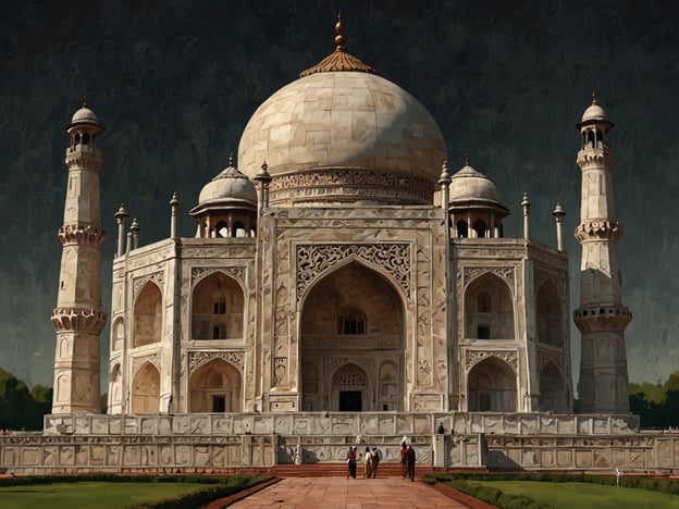 Auf dem Bild ist das Taj Mahal zu sehen, ein beeindruckendes architektonisches Wunder und eine bedeutende historische Stätte in Indien. Es wurde im 17. Jahrhundert unter dem Mogulherrscher Shah Jahan erbaut und gilt als Symbol der Liebe. Die monumentale Struktur ist bekannt für ihre elegante weiße Marmorfassade, kunstvollen Verzierungen und harmonische Gärten, die das Gesamtbild vervollständigen. Das Taj Mahal ist ein UNESCO-Weltkulturerbe und zieht jährlich Millionen von Besuchern aus der ganzen Welt an.