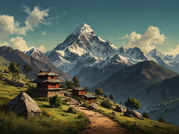 Auf dem Bild sind majestätische Berge zu sehen, die an die beeindruckende Landschaft in Nepal erinnern. In der Umgebung gibt es traditionelle Hütten, die mit der Natur harmonieren. 

Wenn du an den besten Trekkingrouten in Nepal interessiert bist, sind einige der bekanntesten Routen:

1. **Everest Base Camp Trek**: Diese Route bietet atemberaubende Ausblicke auf den höchsten Gipfel der Welt und führt durch malerische Dörfer.
   
2. **Annapurna Circuit**: Ein Klassiker unter den Trekkingrouten, der dich durch verschiedene Klimazonen und Kulturen führt.

3. **Langtang Valley Trek**: Weniger besucht, aber gleichzeitig schön, mit prächtigen Ausblicken und einer reichen Tierwelt.

4. **Gosaikunda Trek**: Berühmt für seine heiligen Seen und die herrliche Berglandschaft.

5. **Manaslu Circuit**: Eine weniger frequentierte Route, ideal für Abenteuerlustige, mit großartigen Ansichten und kulturellen Erlebnissen.

Diese Routen bieten eine einzigartige Möglichkeit, die beeindruckende Natur und Kultur Nepals zu erleben!