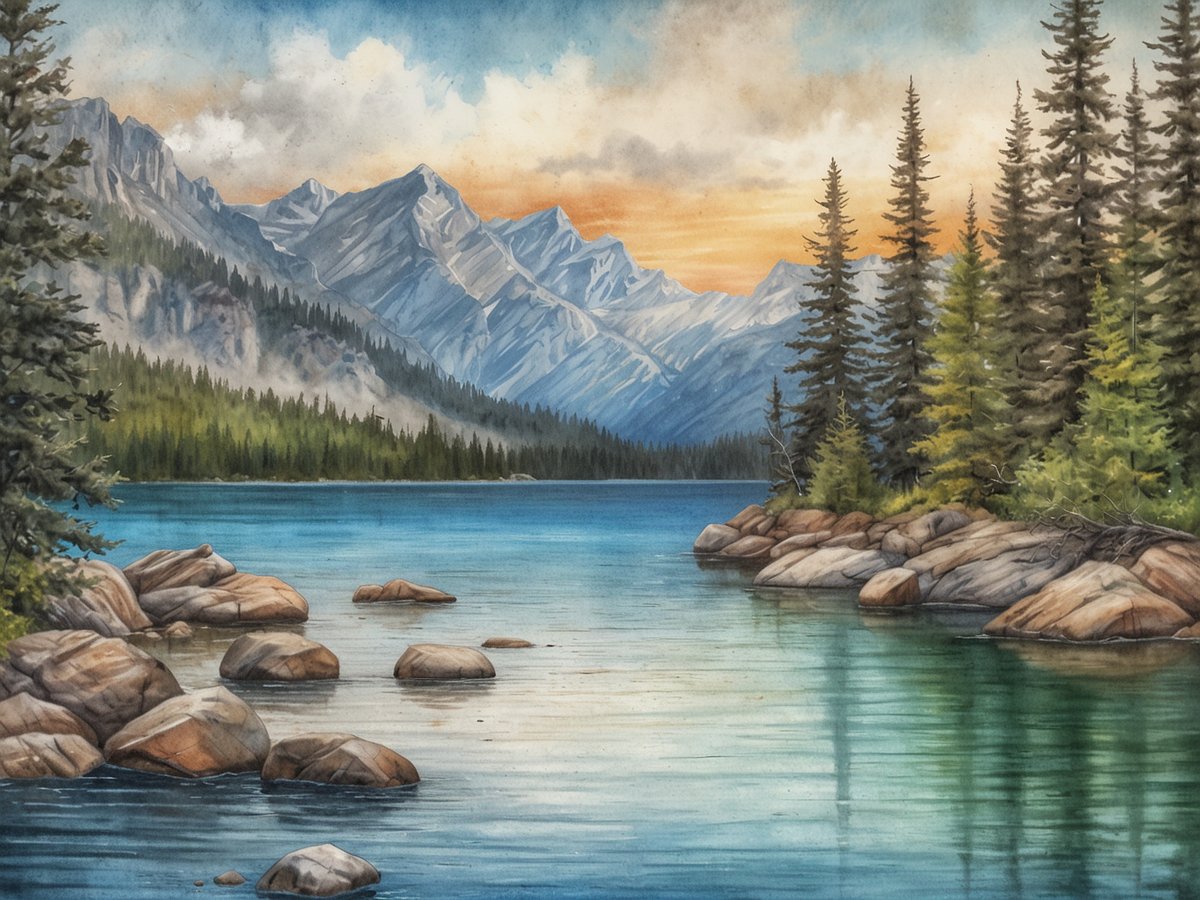 Eine malerische Landschaft zeigt einen ruhigen See mit klarem, blauen Wasser, umgeben von hohen Bergen und üppigen Nadelbäumen. Im Hintergrund sind die Gipfel der Berge zu sehen, deren Spitzen vom Sonnenlicht beleuchtet werden und einen sanften Farbverlauf vom blauen Himmel zum orangefarbenen Sonnenuntergang aufweisen. Steine am Ufer des Sees reflektieren das Licht und die klare Wasseroberfläche. Die Szenerie vermittelt ein Gefühl von Ruhe und natürlicher Schönheit, das typisch für die kanadische Landschaft ist. Wie viele Seen hat Kanada?