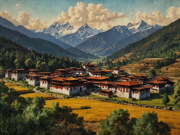 Auf dem Bild sieht man eine malerische Landschaft in Bhutan. Es zeigt ein traditionelles Dorf oder Kloster, umgeben von majestätischen Bergen und üppigen Wäldern. Die Architektur ist geprägt von typischen bhutanischen Baustilen mit roten Dächern und weißen Wänden. Im Vordergrund erkennt man goldenes Reisfeld, was auf die landwirtschaftliche Nützlichkeit der Region hinweist. Diese Szenerie vermittelt eine friedliche und harmonische Atmosphäre, die charakteristisch für die Kultur und Natur Bhutans ist.