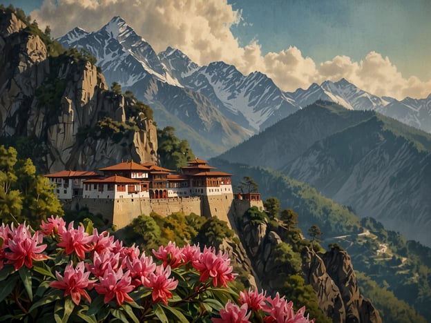 Auf dem Bild ist eine atemberaubende Landschaft Bhutans zu sehen. Es zeigt ein charakteristisches, traditionelles Gebäude, das auf einem Felsen errichtet ist, umgeben von majestätischen Bergen mit schneebedeckten Gipfeln. Im Vordergrund blühen prächtige, pinkfarbene Blumen, die einen schönen Kontrast zur natürlichen Kulisse der Berge und Wälder bilden. Diese Szenerie spiegelt die beeindruckende und unberührte Natur Bhutans wider, die für ihre atemberaubenden Ausblicke und spirituelle Atmosphäre bekannt ist.