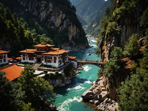 Auf dem Bild ist eine atemberaubende Szenerie zu sehen, die in Bhutan typisch sein könnte, mit einem beeindruckenden Kloster, das von Bergen und einem klaren Fluss umgeben ist. Abenteurer könnten hier zahlreiche Aktivitäten genießen, wie:

1. **Trekking**: Die malerischen Berglandschaften bieten fantastische Wanderwege, darunter die berühmte Trekkingroute zum Tigernest-Kloster.
2. **Rafting**: Der Fluss scheint ideale Bedingungen für Wildwasser-Rafting zu bieten, was einen aufregenden Abenteuerurlaub ermöglicht.
3. **Kulturreisen**: Der Besuch der Klöster und der einzigartigen Architektur ermöglicht ein tiefes Eintauchen in die buddhistische Kultur Bhutans.
4. **Vogelbeobachtung**: Die reiche Tierwelt und die unterschiedlichen Lebensräume führen zu einer Vielzahl beeindruckender Vogelarten, die begeisterte Ornithologen anziehen.

Solche Aktivitäten machen Bhutan zu einem faszinierenden Ziel für Abenteuerlustige!