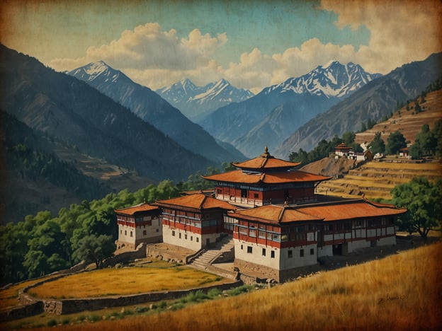 Auf dem Bild ist ein bhutanisches Kloster oder eine Festung zu sehen, umgeben von majestätischen Bergen und üppigen Wäldern. Die Architektur spiegelt die traditionelle bhutanische Bauweise wider, mit seinen charakteristischen roten und weißen Wänden sowie dem schrägen Dach. Diese Szenerie vermittelt ein Gefühl von Ruhe und Spiritualität, das typisch für die bhutanische Kultur ist. Die von Natur umgebene Lage stellt die enge Verbindung der Bhutanesen zu ihrer Umgebung und ihrer Spiritualität dar. Solche Orte bieten eine tiefere Einsicht in die Lebensweise und Traditionen eines der letzten himalayschen Königreiche.