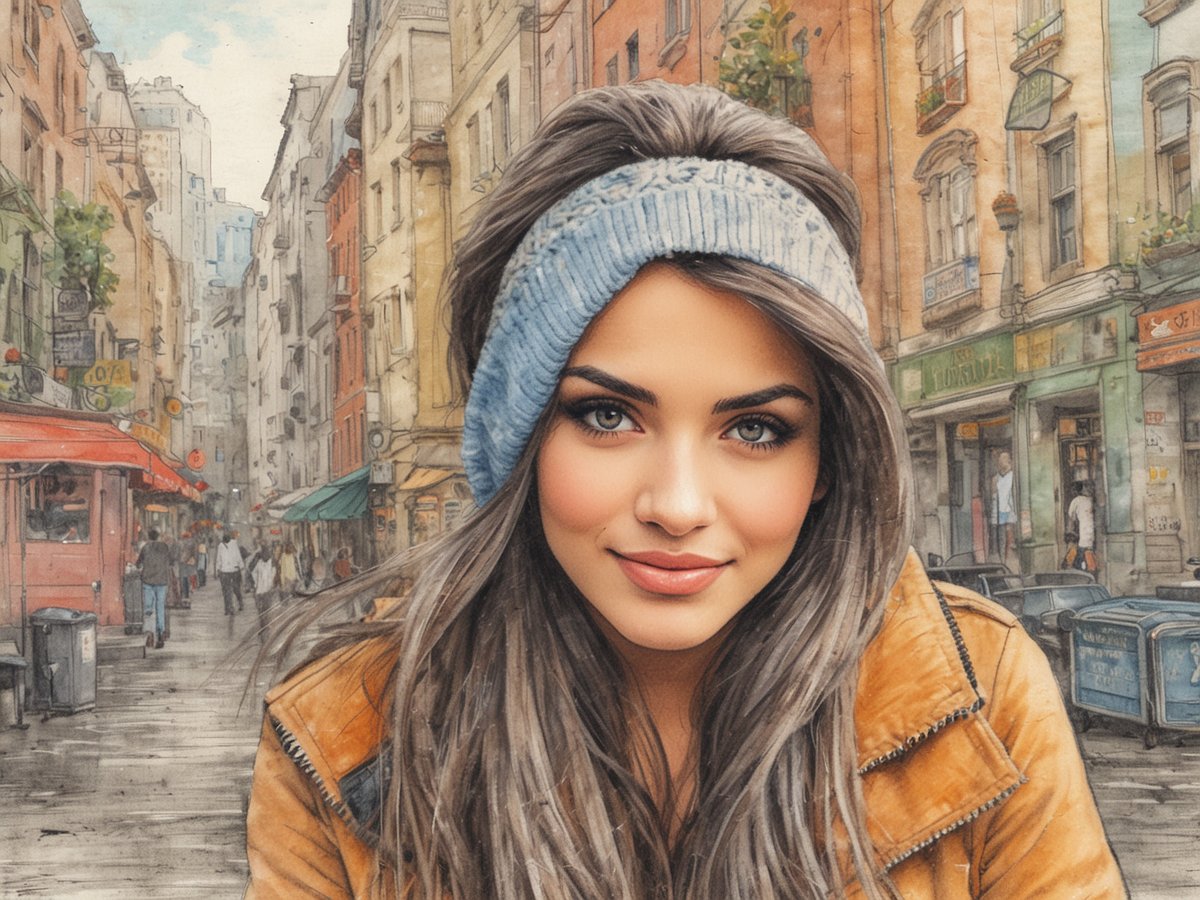 Das Bild zeigt eine junge Frau mit langen, glänzenden Haaren, die einen blauen Stirnband und eine braune Lederjacke trägt. Der Hintergrund zeigt eine belebte Stadtstraße mit mehreren Geschäften, Cafés und Menschen, die sich dort bewegen. Die Gebäude sind überwiegend in warmen Farben gehalten, und die Atmosphäre wirkt einladend und lebhaft. Kanada ist bekannt für seine atemberaubende Natur, vielfältige Kulturen und freundliche Menschen, was auch in der urbanen Darstellung auf diesem Bild zum Ausdruck kommt.