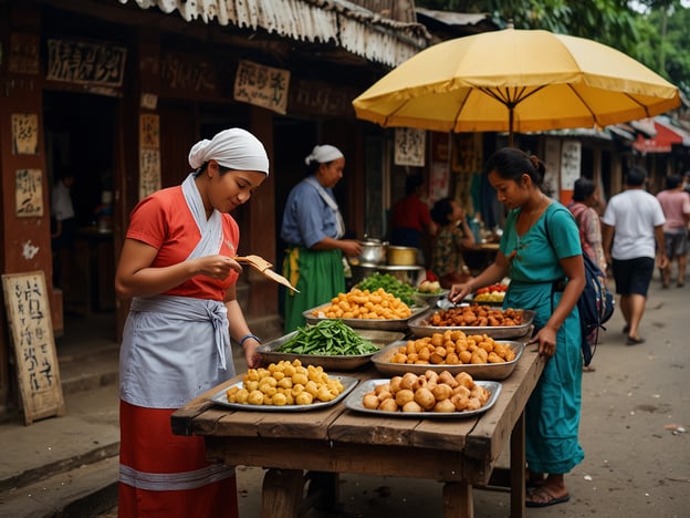 Auf dem Bild ist ein lebendiger Markt zu sehen, wahrscheinlich in einer asiatischen Stadt, wo frische Lebensmittel und Snacks angeboten werden. Es gibt Stände mit verschiedenen Obst- und Gemüsesorten, und die Verkäuferinnen scheinen mit dem Vorbereiten und Verkaufen beschäftigt zu sein.

**Reisetipps und Empfehlungen:**

1. **Lokale Märkte besuchen:** Suche dir während deiner Reise lokale Märkte aus. Hier kannst du frische, regionale Produkte entdecken und die Kultur hautnah erleben.

2. **Straßenessen probieren:** Trau dich, die Streetfood-Stände auszuprobieren. Oft gibt es leckere und authentische Gerichte, die du in Restaurants nicht bekommst.

3. **Mit Einheimischen sprechen:** Nutze die Gelegenheit, mit den Verkäufern ins Gespräch zu kommen. Sie können dir interessante Informationen über die Lebensmittel und die lokale Küche geben.

4. **Frühe Besuche:** Geh früh zum Markt, um die größte Auswahl an frischen Produkten zu haben und die Atmosphäre ohne große Menschenmengen zu genießen.

5. **Kochkurse:** Wenn du an der lokalen Küche interessiert bist, schaue, ob es Kochkurse in der Nähe gibt, bei denen du lernen kannst, wie man die frisch gekauften Zutaten zubereitet.

Viel Spaß beim Entdecken!