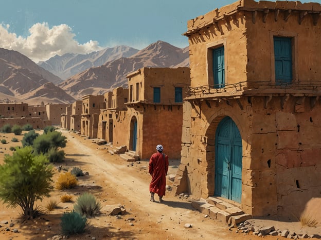 Auf dem Bild ist eine Szene aus Afghanistan zu sehen, die eine trockene, wüstenartige Landschaft mit einem kleinen, traditionellen Dorf zeigt. Die Häuser sind aus Lehm gebaut, typischerweise für die Region, und haben charakteristische blaue Türen. Im Hintergrund erheben sich majestätische Gebirgen, die die Schönheit der afghanischen Natur unterstreichen. Der in rot gekleidete Mann, der auf dem Weg geht, reflektiert die Kultur und den Lebensstil der Menschen in dieser Region. Afghanistan ist reich an Geschichte und Vielfalt, sowohl in der Landschaft als auch in der Architektur, was sich in solchen Bildern widerspiegelt.