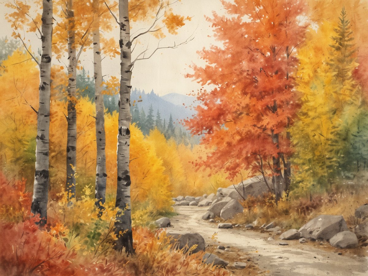 Eine malerische Landschaft zeigt einen Herbstwald mit leuchtenden Farben. Im Vordergrund verlaufen ein Kiesweg und größere Steine, umgeben von intensiv orange, rot und gelb gefärbten Bäumen. In der Mitte stehen mehrere schlanke Birken mit weißen Rinden, während im Hintergrund die Silhouetten von Bergen in sanften Tönen sichtbar sind. Diese Szene verkörpert den Indian Summer in Kanada, eine Zeit, die für ihre spektakuläre Farbvielfalt und malerische Natur bekannt ist.