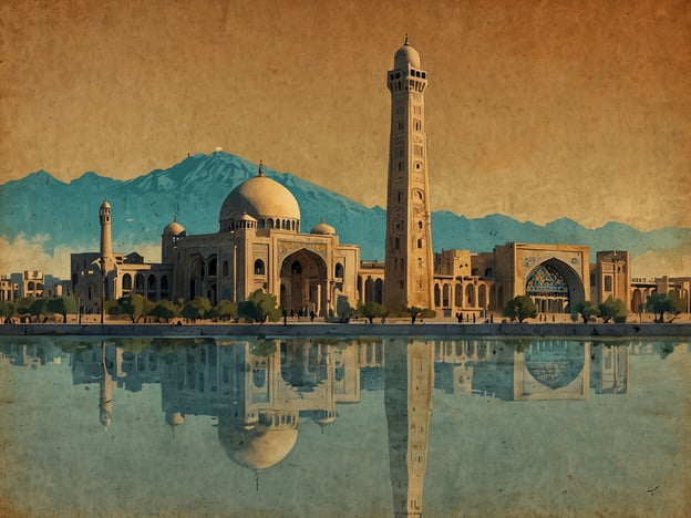 Auf dem Bild ist eine eindrucksvolle Architektur im modernen Iran zu sehen, die möglicherweise eine Moschee oder ein historisches Gebäude darstellt. Die Szenerie zeigt eine große Kuppel und hohe Türme, die häufig in traditioneller iranischer Baukunst zu finden sind. Im Hintergrund sind majestätische Berge zu erkennen, während sich das Gebäude im Wasser spiegelt, was eine friedliche und harmonische Atmosphäre schafft. Solche Darstellungen sind charakteristisch für den Wandel im Iran, der moderne und traditionelle Elemente miteinander verbindet. Der moderne Iran ist ein Land, das seinen kulturellen Reichtum und die historischen Schätze bewahrt, während es sich gleichzeitig mit den Herausforderungen der Gegenwart auseinandersetzt.