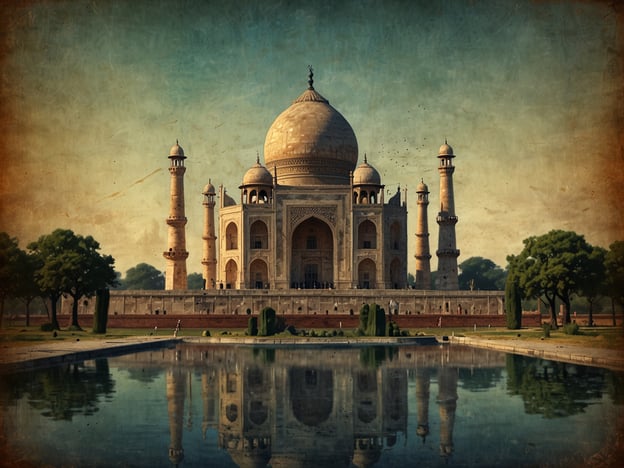 Auf dem Bild ist das Taj Mahal zu sehen, eines der berühmtesten Wahrzeichen Indiens und ein herausragendes Beispiel für die Mogularchitektur. Es wurde im 17. Jahrhundert erbaut und gilt als Symbol der Liebe. Die beeindruckende weiße Marmorkuppel, umgeben von wunderschönen Gärten und Wasserbecken, zieht jedes Jahr Millionen von Besuchern aus der ganzen Welt an.