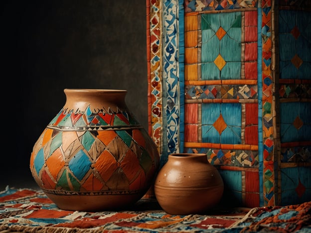 Auf dem Bild sind zwei traditionelle irakische Töpferwaren zu sehen, die reich verziert sind. Die größere Vase hat ein buntes Muster aus geometrischen Formen in leuchtenden Farben, was typisch für die Kunstfertigkeit im Irak ist. Diese Art der Keramik zeigt oft handgemalte Designs, die kulturelle Geschichten und Traditionen widerspiegeln.

Im Hintergrund ist ein kunstvoll gestalteter Wandteppich oder eine dekorative Platte zu erkennen, die mit ähnlichen farbenfrohen Mustern verziert ist. Solche Textilien sind ebenfalls ein wichtiger Bestandteil des traditionellen Handwerks im Irak, bekannt für ihre lebendigen Farben und einzigartigen Designs. Die Kombination aus Töpferkunst und Textilgestaltung spiegelt die reichhaltige kulturelle Heritage des Landes wider.