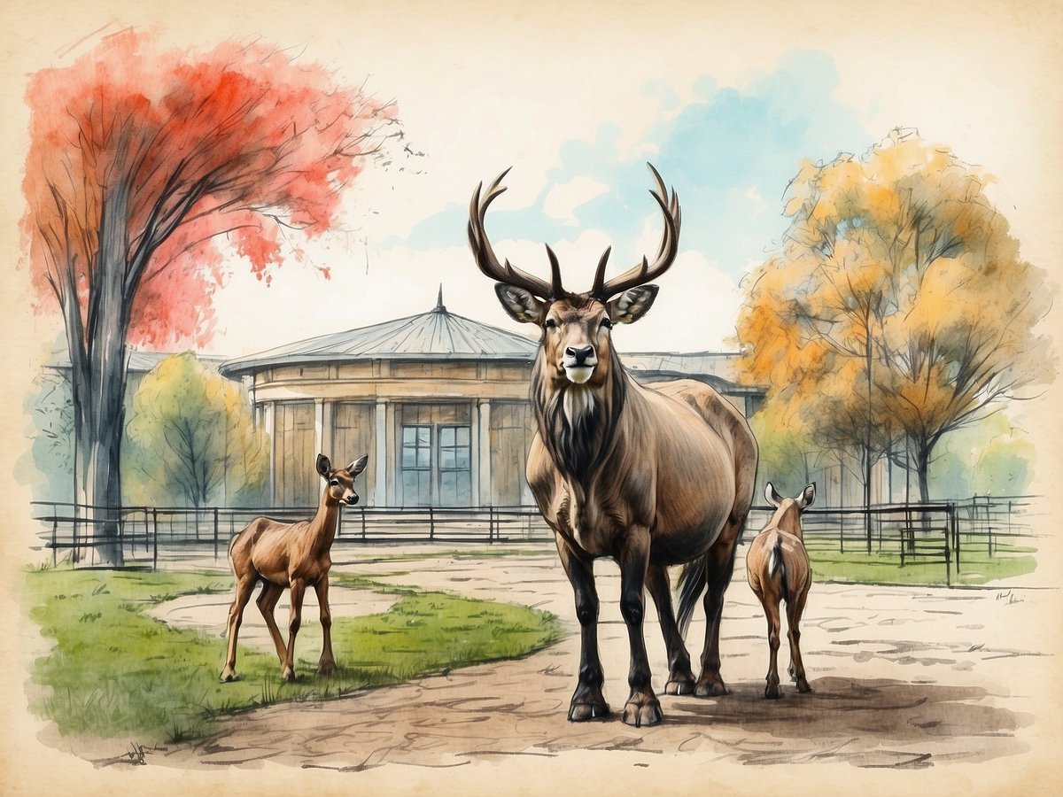 Ein elegantes Tiergehege im Tierpark Chemnitz zeigt eine imposante Antilope mit beeindruckenden Geweihen, die im Vordergrund steht. Neben ihr sind zwei weitere kleinere Antilopen sichtbar. Die Umgebung ist von farbenfrohen Bäumen umgeben, die im Herbstlaub leuchten, und im Hintergrund ist ein historisches Gebäude mit einer runden Kuppel zu sehen, das den Charme des Parks unterstreicht. Der Weg ist gut sichtbar und lädt zu einem Spaziergang ein.