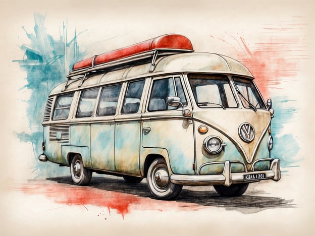 Auf dem Bild ist ein klassischer VW-Bus zu sehen, der in einem nostalgischen Stil illustriert wurde. In Zukunft könnte dieser Bus beispielsweise restauriert oder als modernes Reisemobil umgebaut werden. Es wäre auch denkbar, dass er mit neuen Technologien ausgestattet wird, um umweltfreundlicher zu fahren. Zudem könnte er in unterschiedlichen Farben oder Designs angeboten werden, um der wachsenden Nachfrage nach individuell gestalteten Fahrzeugen gerecht zu werden. Das Interesse an Vintage-Fahrzeugen könnte zu speziellen Veranstaltungen oder Treffen führen, bei denen Liebhaber solcher Modelle ihre Fahrzeuge präsentieren.