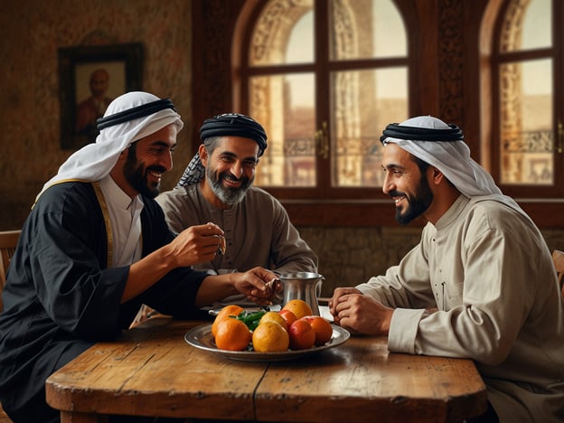 Auf dem Bild sieht man drei Männer, die in einem gemütlichen Raum miteinander sitzen und lachen. Sie scheinen ein Gespräch zu führen, während sie zusammen an einem Tisch sitzen, auf dem eine Schale mit frischem Obst steht. Diese Szene spiegelt die Gastfreundschaft der Syrer wider, die für ihre herzliche und offene Art bekannt sind. In der syrischen Kultur ist es üblich, Gäste freundlich zu empfangen und ihnen Speisen und Getränke anzubieten, was die Bedeutung von Gemeinschaft und Freundschaft unterstreicht.