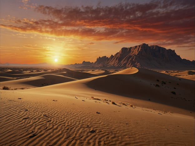 Auf dem Bild sind beeindruckende Wüstenlandschaften zu sehen. Die sanften Wellen der goldenen Sanddünen erstrecken sich bis zum Horizont, während die Sonne am Abendhimmel untergeht und ein warmes, orangefarbenes Licht auf die Landschaft wirft. Im Hintergrund erheben sich majestätische Felsen, die den Kontrast zur Weichheit der Dünen bilden. Die Wolken tragen zur dramatischen Stimmung des Sonnenuntergangs bei, was dieses Bild zu einem faszinierenden Anblick macht.