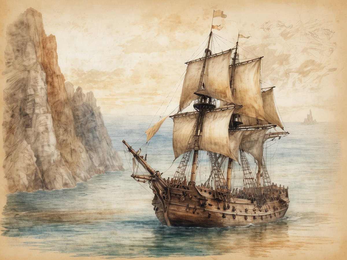 Ein historisches Segelschiff mit mehreren großen Segeln fährt entlang einer kliffartigen Küste. Die Klippen sind steil und aus grauem Gestein, während das Wasser ruhig und blau ist. Im Hintergrund ist ein weiterer kleinerer Felsen oder eine Insel sichtbar. Der Himmel hat eine sanfte, wolkige Struktur und die gesamte Szene strahlt eine nostalgische Atmosphäre aus, die an die Entdeckung Kanadas erinnert.
