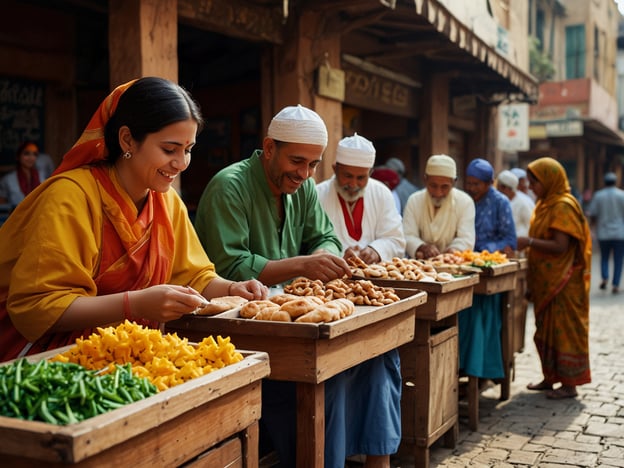 Auf dem Bild sieht man einen belebten Markt, an dem Menschen verschiedene Lebensmittel wie Früchte und Snacks auf Holzständen verkaufen. Eine Frau in einem bunten Kleid und mit einem traditionellen Kopfschmuck lächelt, während sie etwas aus einer Schale nimmt. Männer und Frauen stehen an den Ständen und interagieren miteinander, was die freundliche und einladende Atmosphäre des Marktes unterstreicht. Diese Szenen spiegeln die jordanische Gastfreundschaft wider, die Wärme und Freundlichkeit betont, während Menschen zusammenkommen, um zu essen und zu handeln.