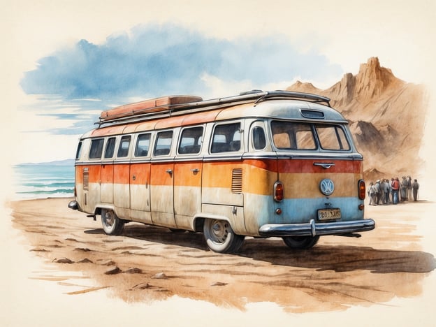 Auf dem Bild ist ein nostalgischer VW-Bus zu sehen, der am Strand parkt. Die Hauptattraktionen und Aktivitäten, die mit diesem Motiv verbunden sind, könnten folgendes umfassen:

1. **Strandurlaub**: Der Bus symbolisiert eine entspannte Auszeit am Meer, ideal für einen Strandtag.
2. **Camping**: Der VW-Bus ist bekannt für Roadtrips und Camping-Abenteuer, perfekt für Ausflüge mit Freunden oder der Familie.
3. **Naturerkundung**: Die umliegende Landschaft mit den Bergen im Hintergrund lädt zu Wanderungen und Erkundungen ein.
4. **Geselligkeit**: Die Gruppe von Menschen im Hintergrund deutet auf gemeinsames Beisammensein hin, möglicherweise für ein Picknick oder ein Lagerfeuer.

Insgesamt vermittelt das Bild ein Gefühl von Freiheit, Entspannung und Naturverbundenheit.