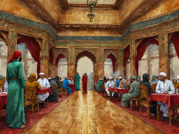 Auf dem Bild ist eine festliche Szene in einem großen Raum zu sehen, in dem viele Menschen an Tischen versammelt sind. Die Einrichtung und Architektur bringen traditionelle Elemente einer orientalischen Kultur zum Ausdruck, was auf eine wirtschaftlich und kulturell reiche Region hinweist, möglicherweise im Nahen Osten oder Nordafrika.

Die Menschen scheinen an einem gemeinsamen Essen teilzunehmen, was auf Bräuche und Traditionen wie das Teilen von Mahlzeiten hinweisen könnte. In vielen Kulturen ist das gemeinsame Essen ein wichtiger Bestandteil des sozialen Lebens, insbesondere während religiöser Festlichkeiten wie dem Ramadan, wo das Fasten gebrochen wird. Solche Zusammenkünfte fördern Gemeinschaftsgefühl, Gastfreundschaft und den Austausch von Geschichten und Traditionen.

Die Anordnung der Menschen zeigt, dass es sowohl Männer als auch Frauen gibt, und die unterschiedlichen Kleidungsstile deuten auf eine Vielfalt innerhalb der Gruppe hin. Solche Zusammenkünfte sind oft auch mit der Feier von besonderen Anlässen verbunden, wie Hochzeiten, religiösen Feiertagen oder familiären Feiern, wo das gemeinsame Essen eine zentrale Rolle spielt.